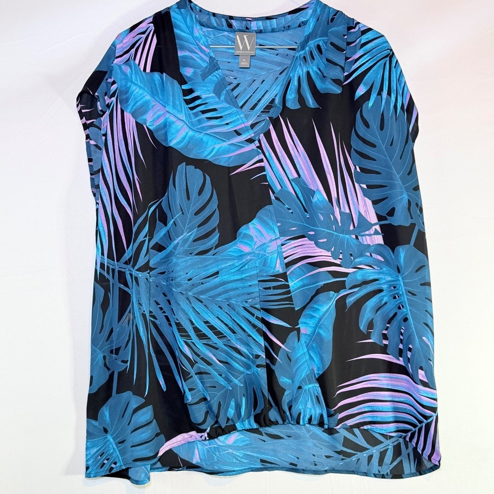 Worthington Top Women's XL‎ Tropical Teal Blue Purple Black V-Neck Blouse